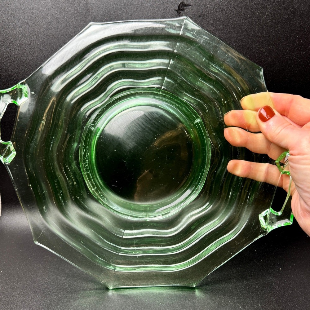 Jenkins Ocean Wave Uranium Glass Handled Cake Plate Platter #190 Depression - Picture 12 of 16